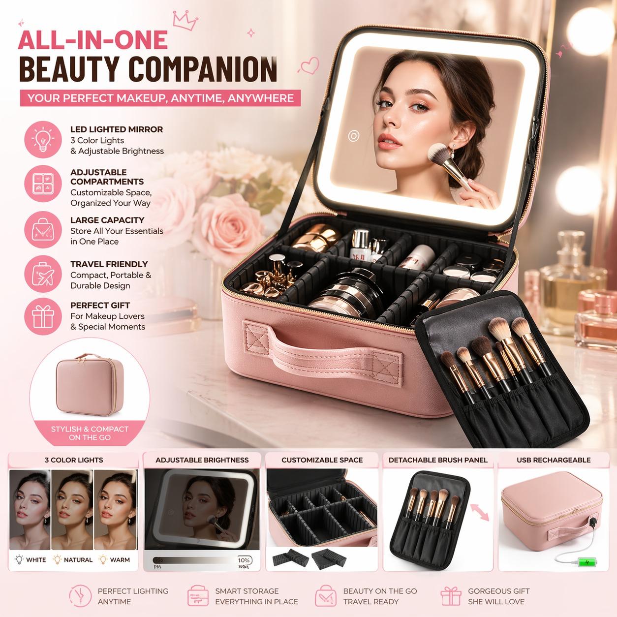 LED Makeup Storage Case with Lighted Mirror